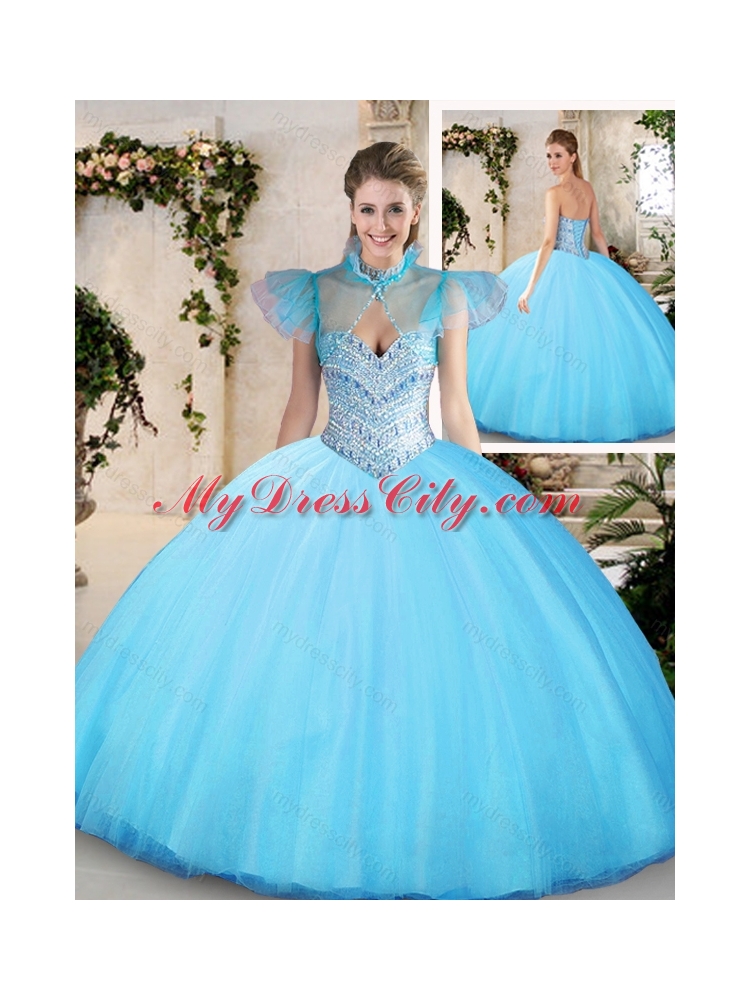 Modest Sweetheart Aqua Blue Quinceanera Dresses with Beading