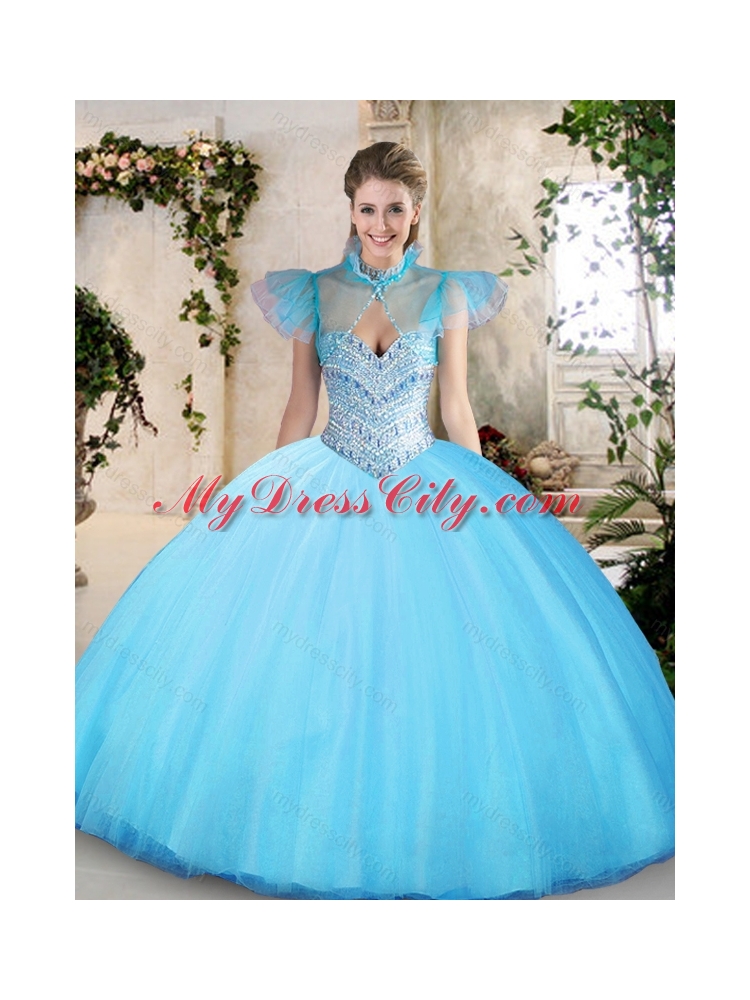 Modest Sweetheart Aqua Blue Quinceanera Dresses with Beading