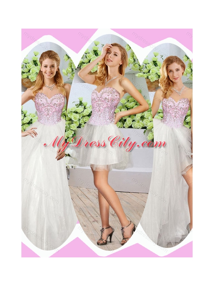 Pretty High Slit Beading Detachable Sweet 16 Dresses in White