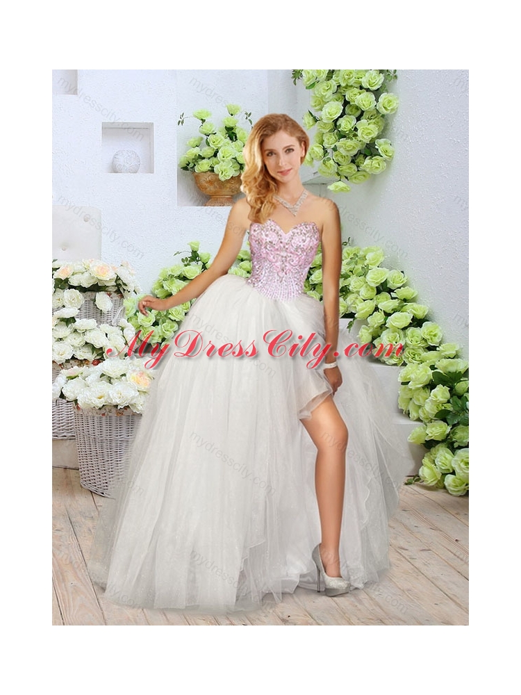 Pretty High Slit Beading Detachable Sweet 16 Dresses in White