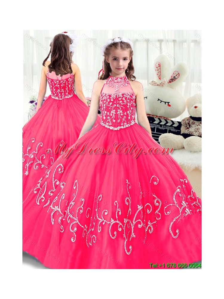 Lovely High Neck Mini Girls Party Dresses in Hot Pink