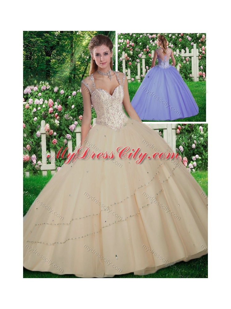 Champagne Simple Straps Beading Quinceanera Gowns for 2016