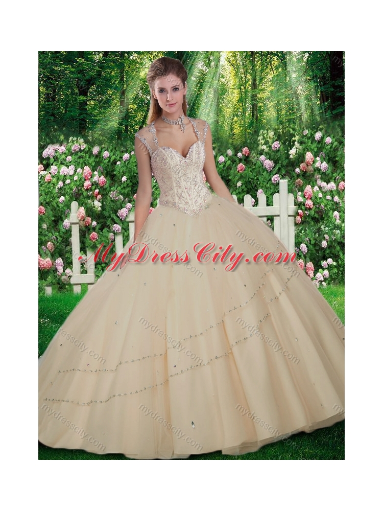 Champagne Simple Straps Beading Quinceanera Gowns for 2016