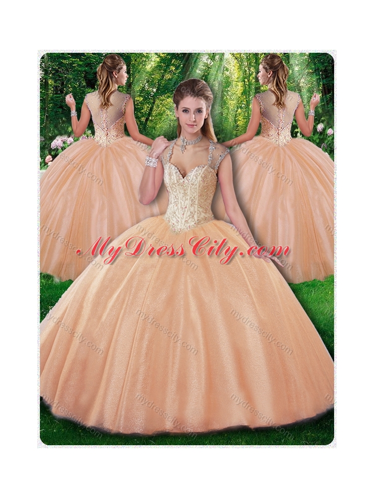 Champagne Beautiful Ball Gown Beading Sweet 16 Dresses for Fall