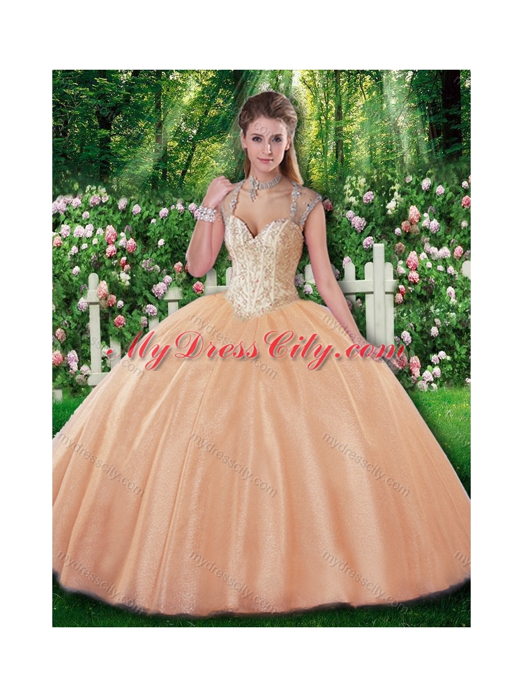 Champagne Beautiful Ball Gown Beading Sweet 16 Dresses for Fall