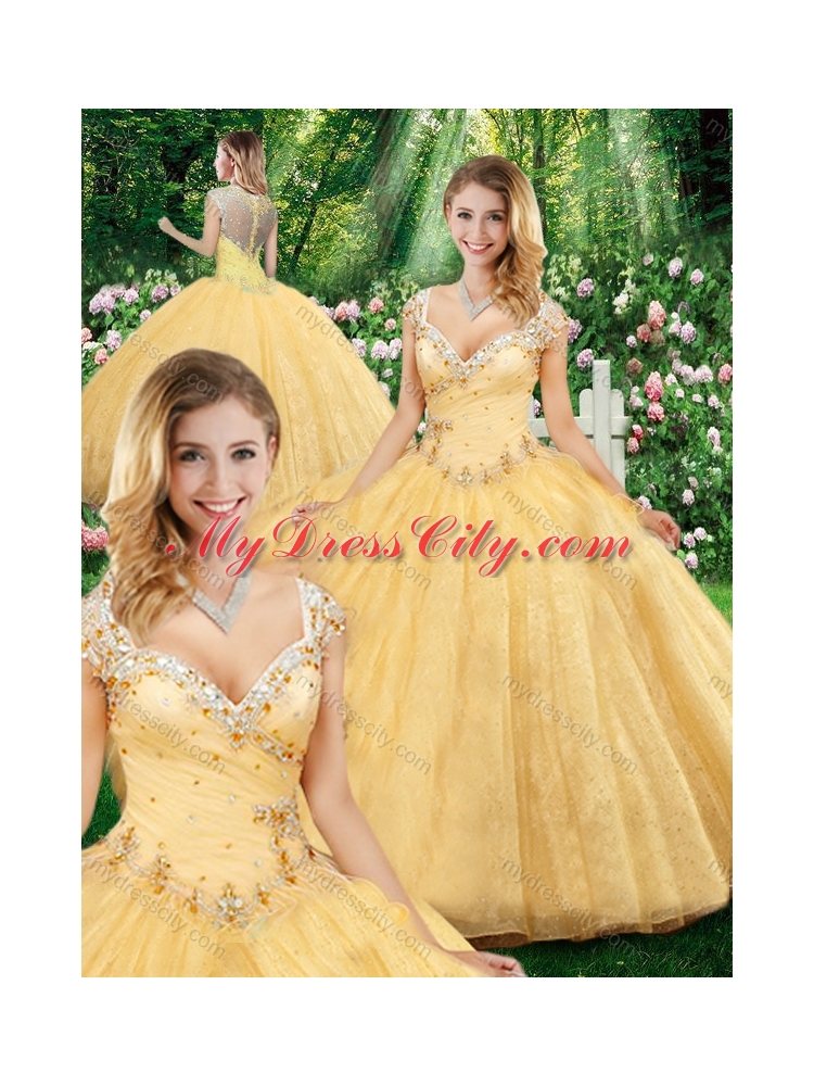 Champagne Latest Ball Gown Straps Quinceanera Dresses with Beading