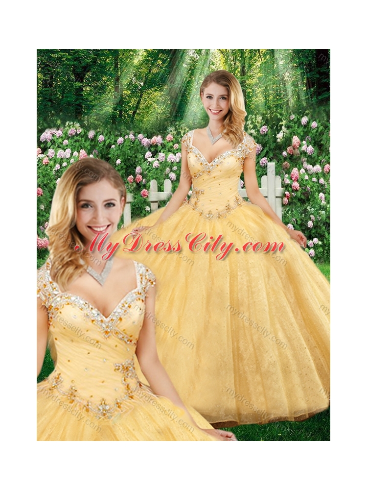 Champagne Latest Ball Gown Straps Quinceanera Dresses with Beading