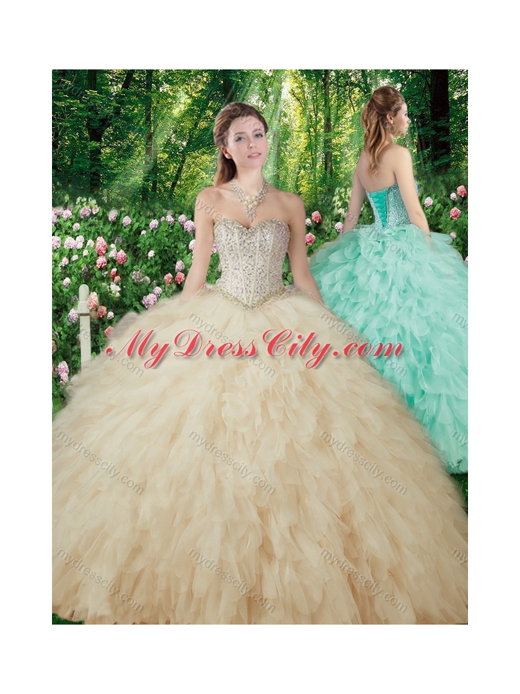 Champagne Pretty Ball Gowns Beading and Ruffles Sweet 16 Dresses