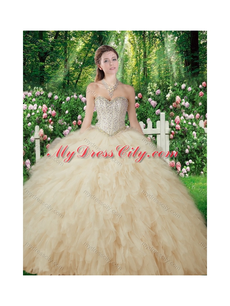 Champagne Pretty Ball Gowns Beading and Ruffles Sweet 16 Dresses