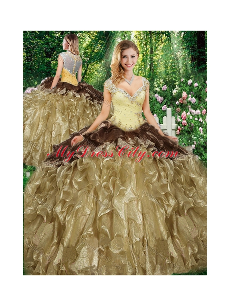 Champagne Wonderful Straps Sweet 16 Gowns with Beading and Ruffles