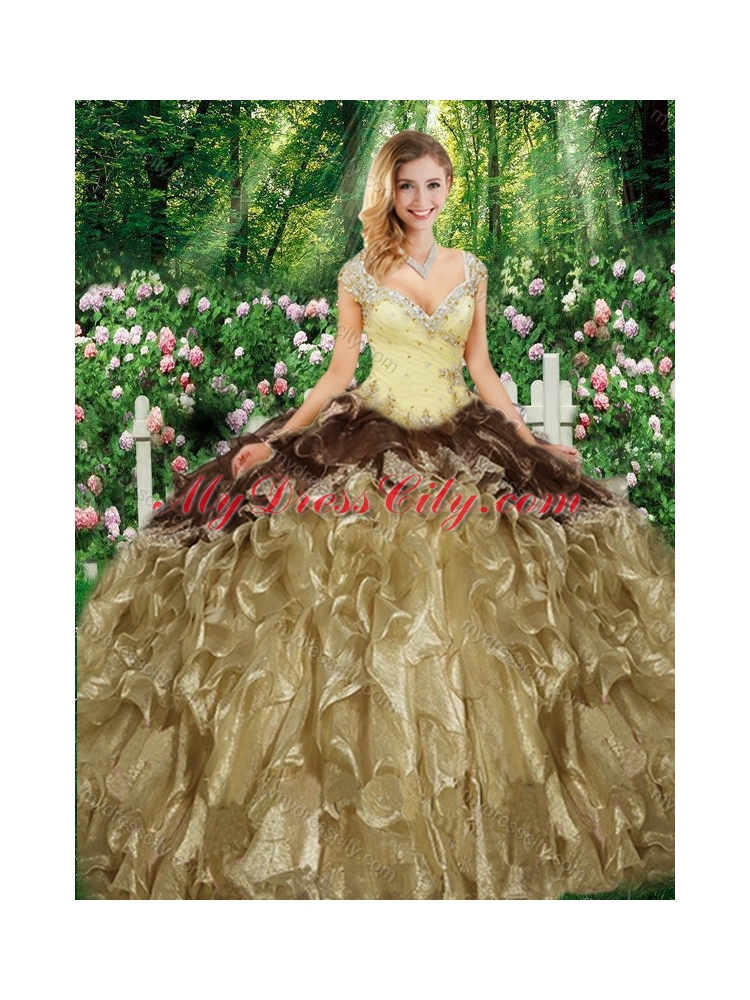 Champagne Wonderful Straps Sweet 16 Gowns with Beading and Ruffles