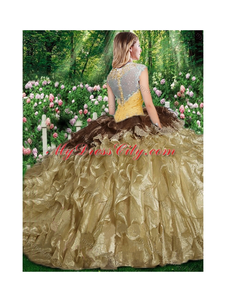 Champagne Wonderful Straps Sweet 16 Gowns with Beading and Ruffles