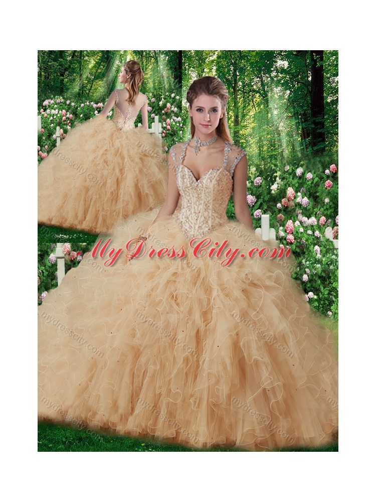 Cheap Champagne Straps Beading 2016 Quinceanera Gowns