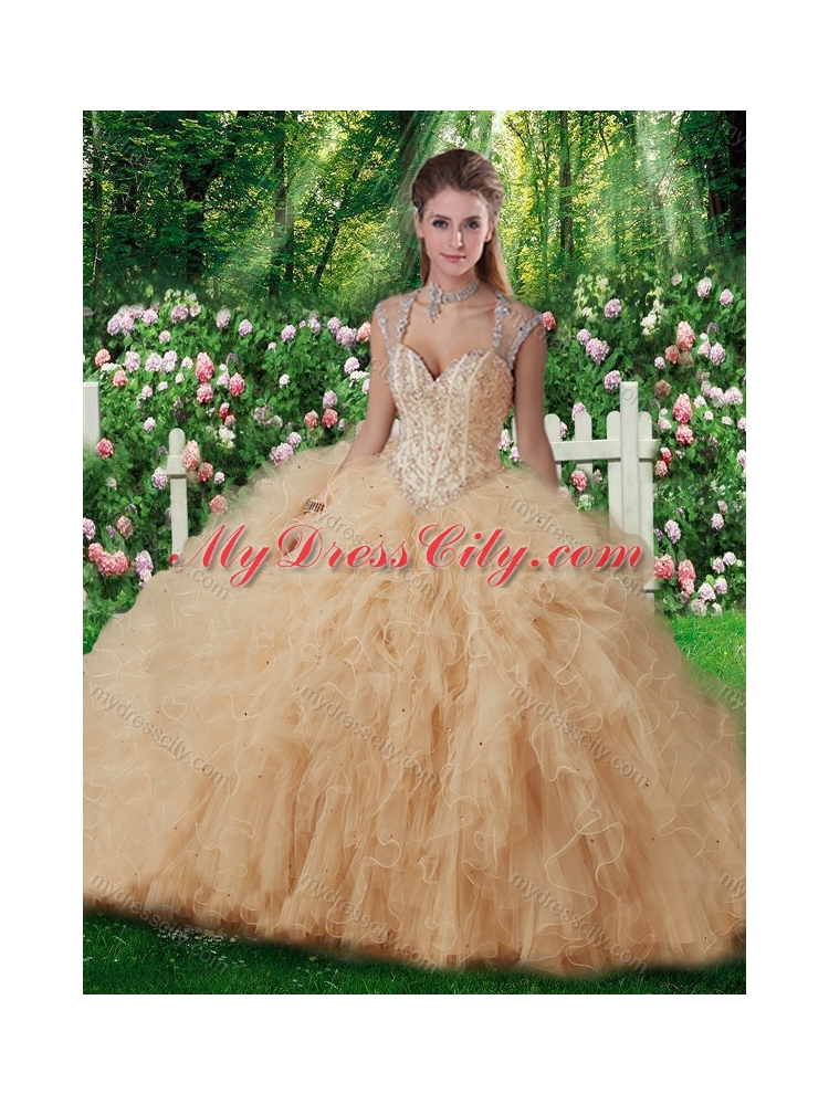 Cheap Champagne Straps Beading 2016 Quinceanera Gowns