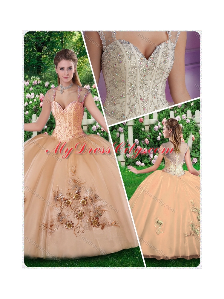 Cheap Champagne Style Straps Quinceanera Dresses with Beading and Appliques