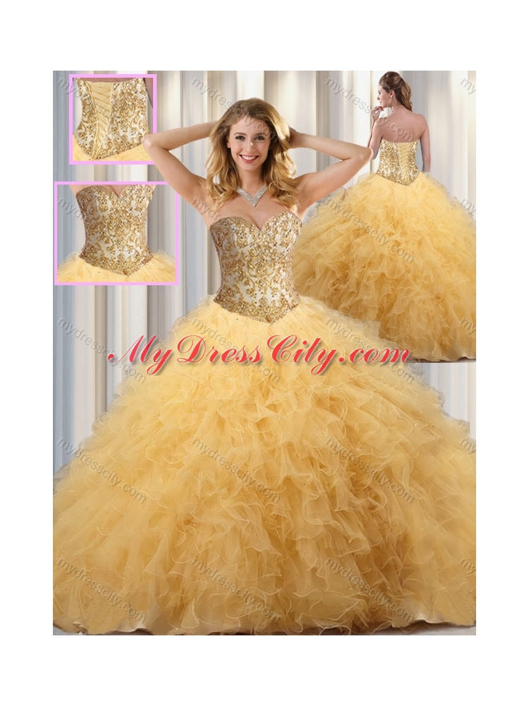 Exclusive Ball Gown Sweet 16 Dresses with Beading and Ruffles in Champagne