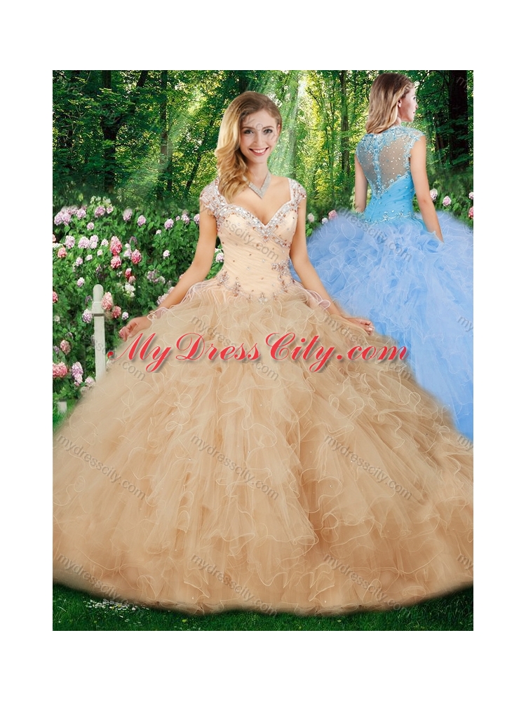 Cheap Champagne Ball Gown Quinceanera Gowns with Beading and Ruffles