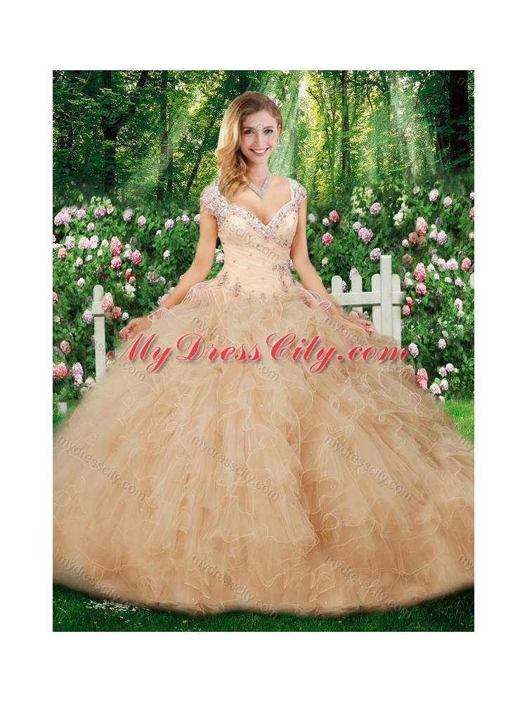 Cheap Champagne Ball Gown Quinceanera Gowns with Beading and Ruffles