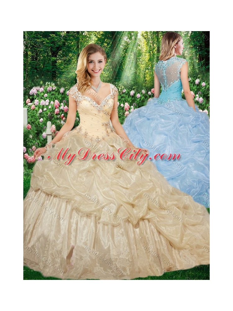 Cheap Champagne Straps Brush Train Quinceanera Gowns with Beading