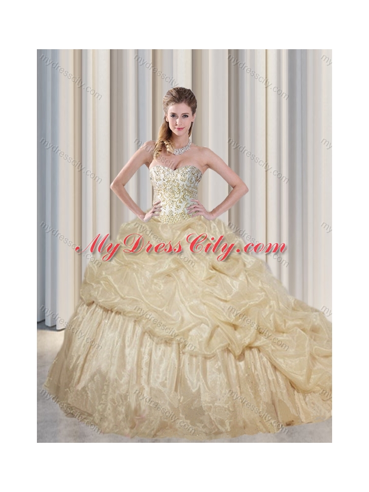 Cheap Champagne Straps Brush Train Quinceanera Gowns with Beading