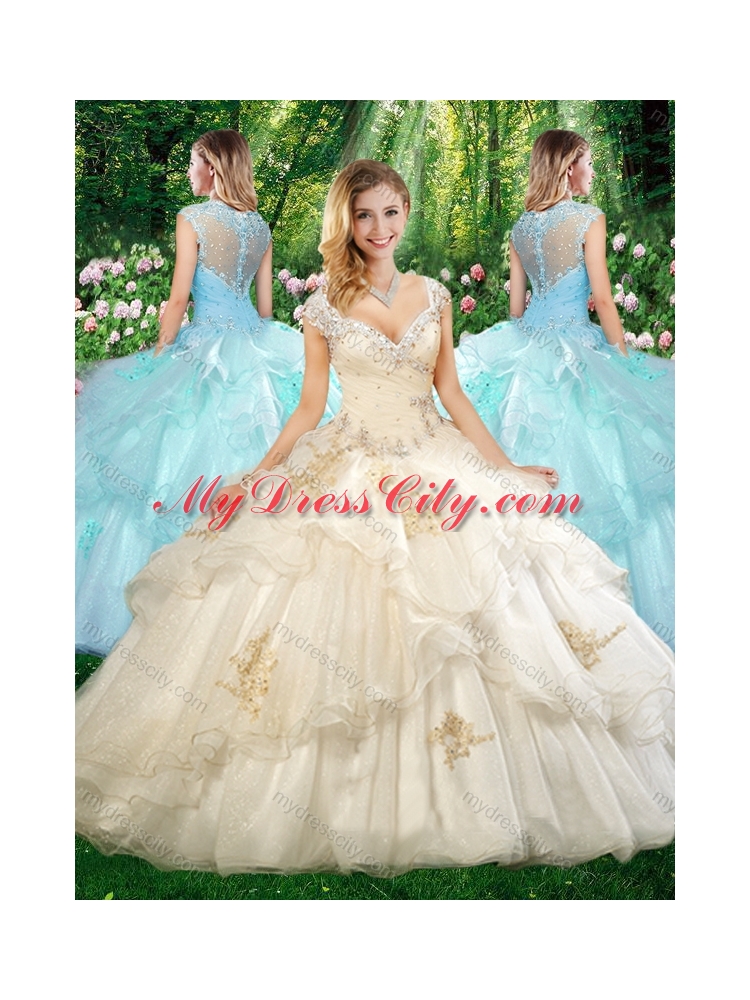 Cheap Champagne Straps Quinceanera Dresses with Beading and Appliques