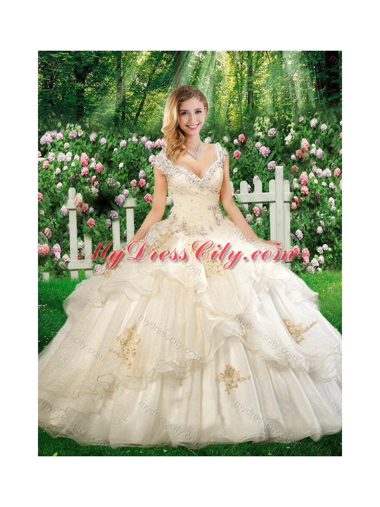 Cheap Champagne Straps Quinceanera Dresses with Beading and Appliques