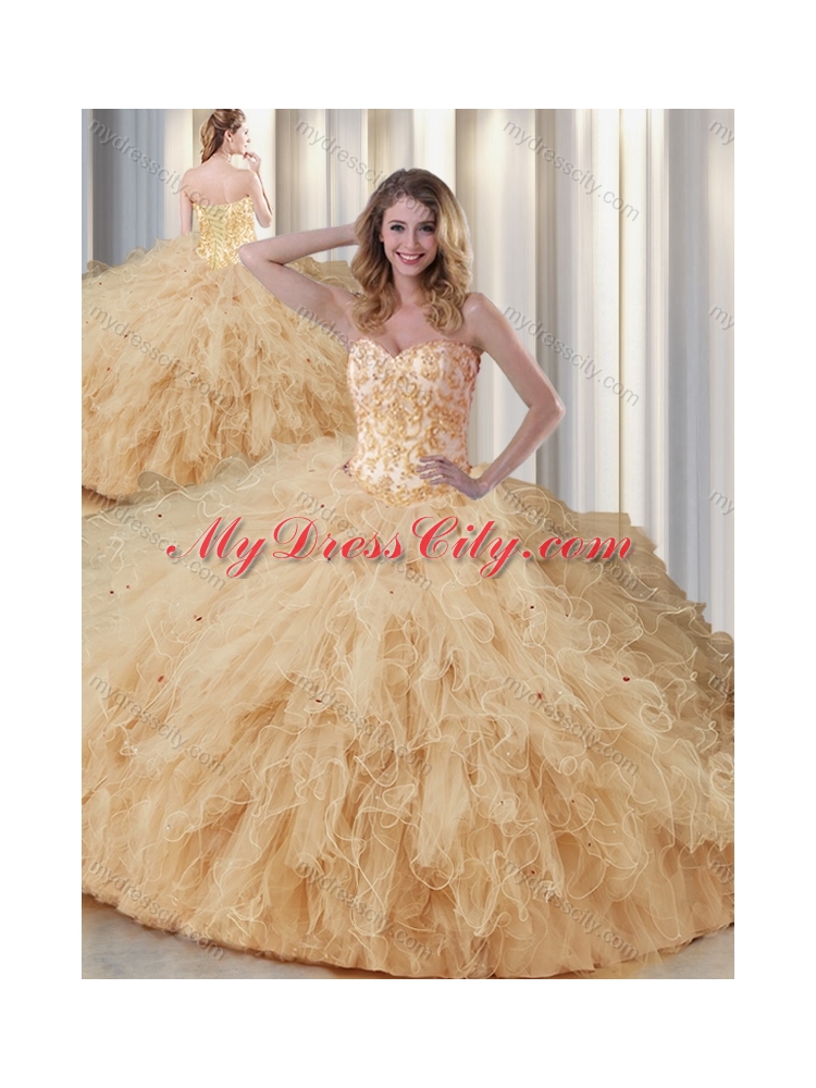 Cheap Champagne Sweetheart Quinceanera Dresses with Appliques and Ruffles