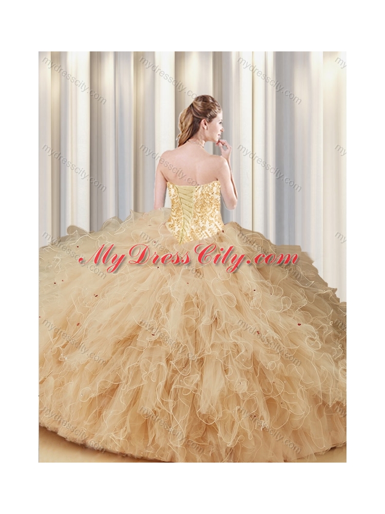 Cheap Champagne Sweetheart Quinceanera Dresses with Appliques and Ruffles