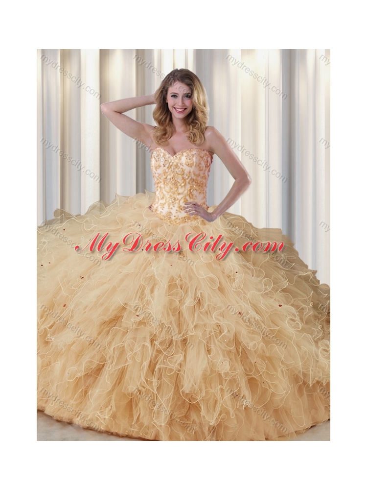 Cheap Champagne Sweetheart Quinceanera Dresses with Appliques and Ruffles