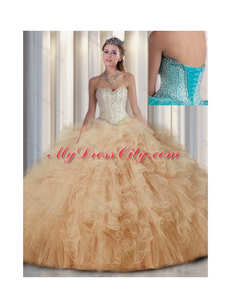 Cheap Champagne Sweetheart Quinceanera Dresses with Beading and Ruffles for Fall