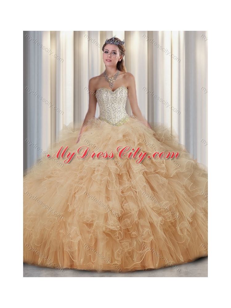 Cheap Champagne Sweetheart Quinceanera Dresses with Beading and Ruffles for Fall