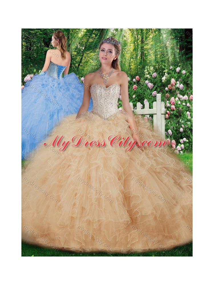 Pretty Champagne  Ball Gown Quinceanera Dresses with Beading for 2016