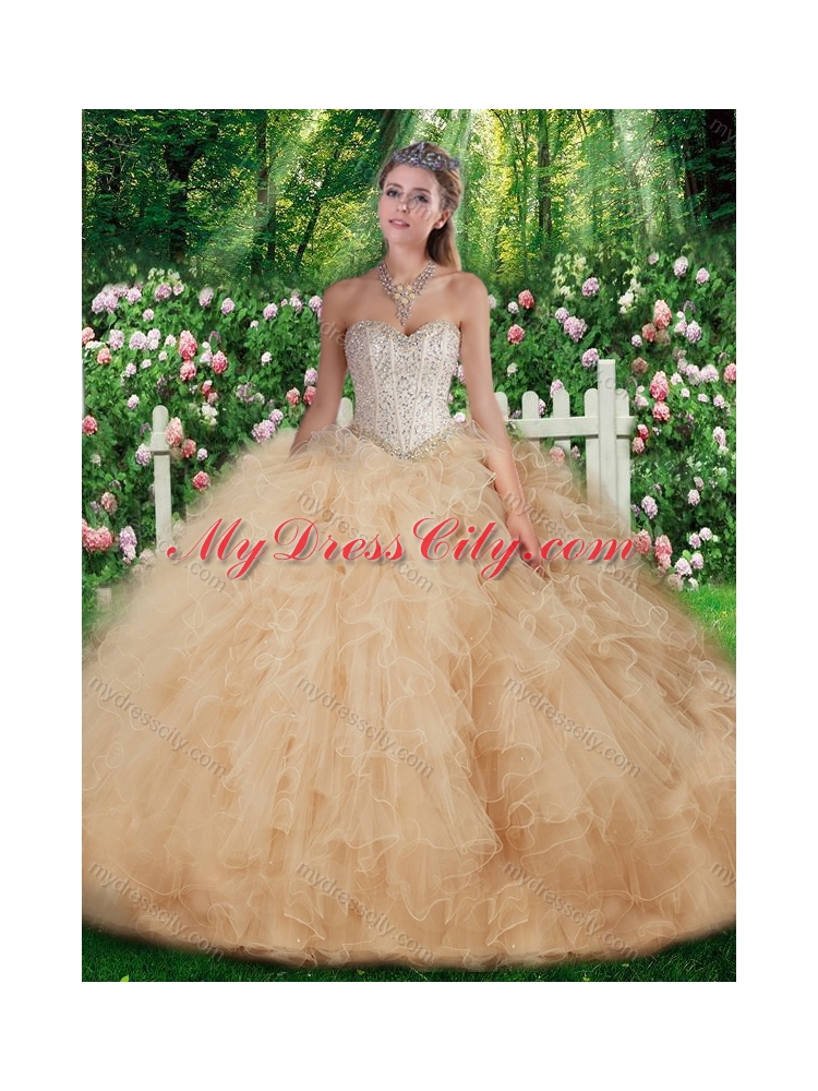 Pretty Champagne  Ball Gown Quinceanera Dresses with Beading for 2016