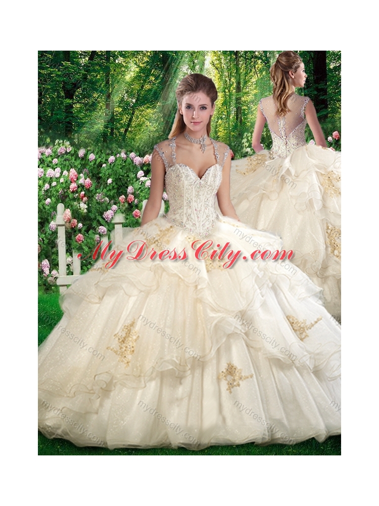 Pretty Champagne  Ball Gown Sweet 16 Dresses with Beading and Appliques