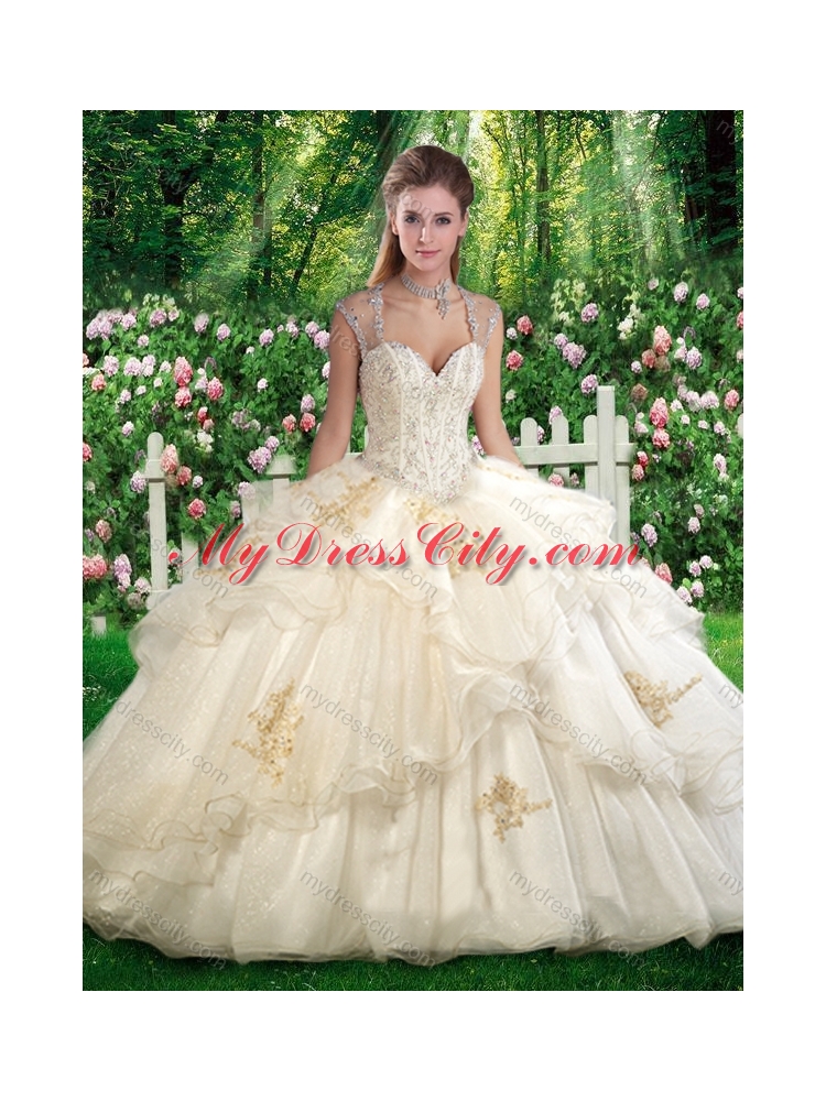 Pretty Champagne  Ball Gown Sweet 16 Dresses with Beading and Appliques