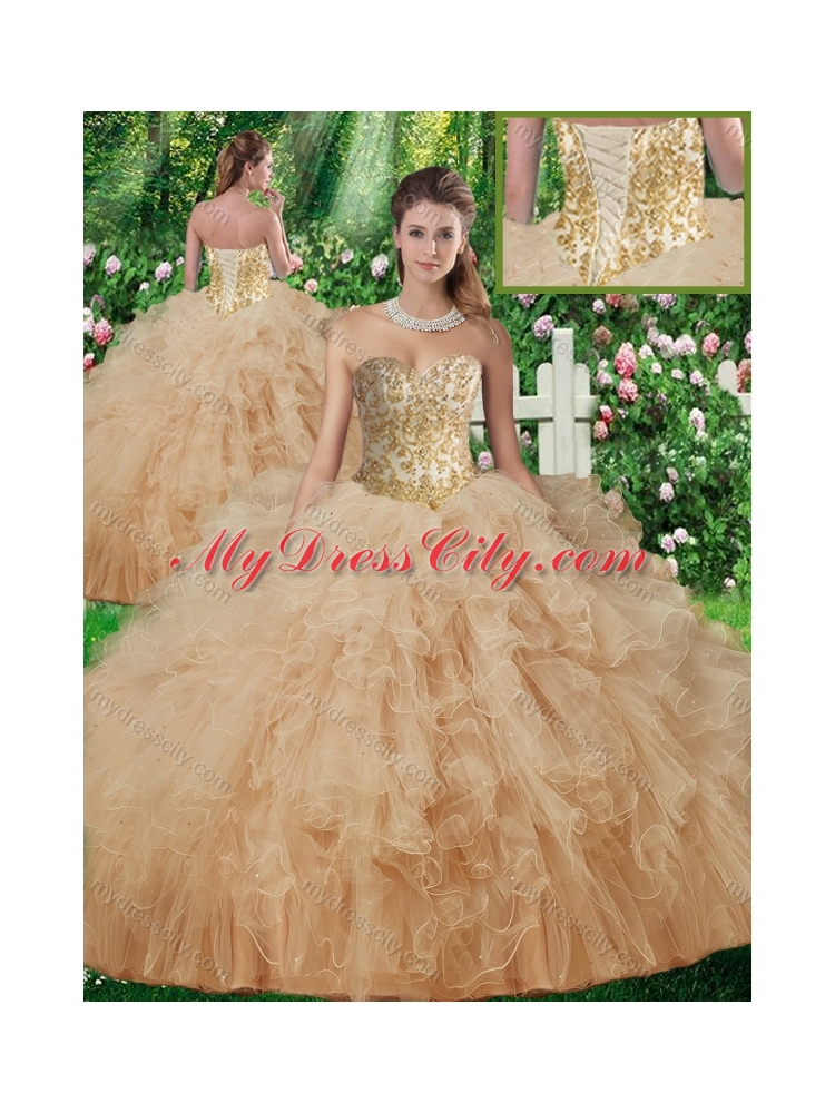 Pretty Champagne Sweetheart Quinceanera Gowns with Beading and Ruffles