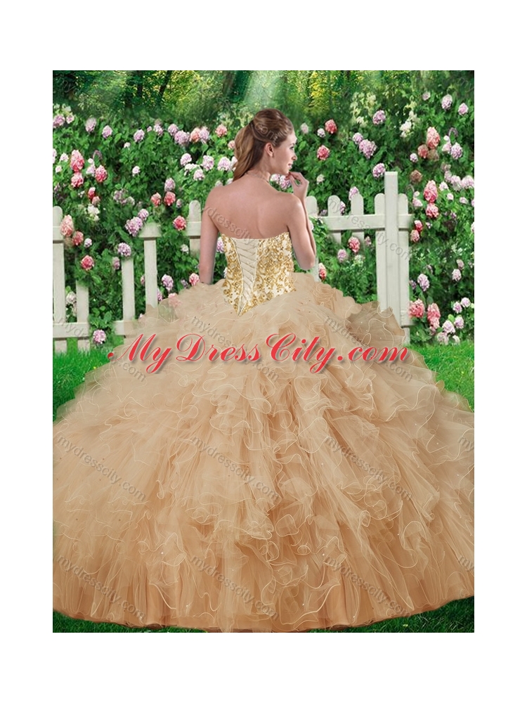 Pretty Champagne Sweetheart Quinceanera Gowns with Beading and Ruffles