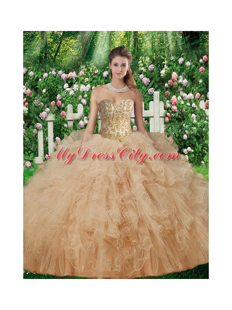 Pretty Champagne Sweetheart Quinceanera Gowns with Beading and Ruffles