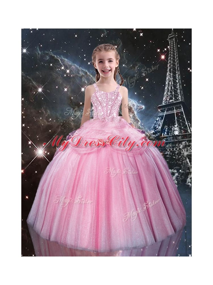 2016 Sweet Ball Gown Straps Pink Beading Little Girl Pageant Dresses