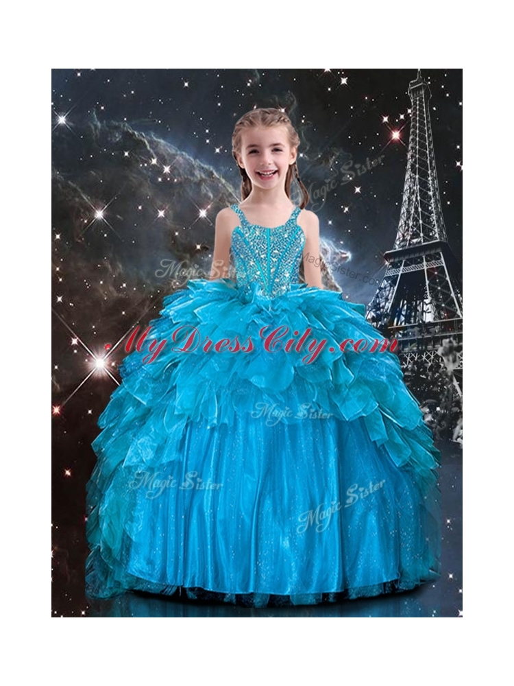 New Arrivals Straps Little Girl Pageant Dresses with Beading in Blue