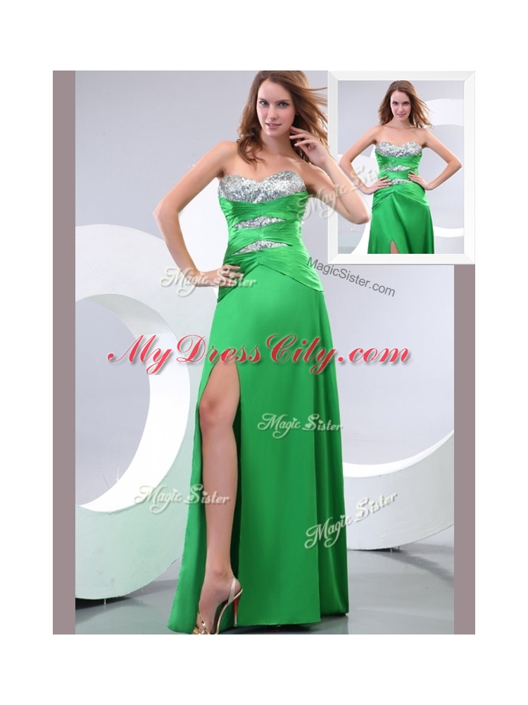 Affordable Sweetheart Paillette and High Slit Green Prom Dress