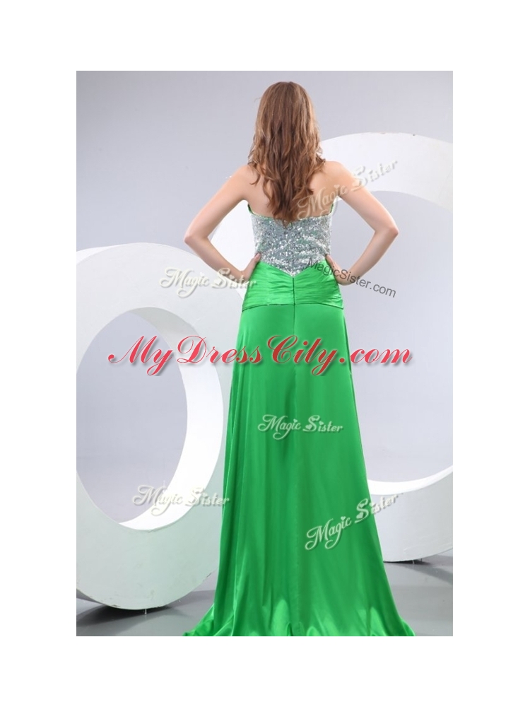 Affordable Sweetheart Paillette and High Slit Green Prom Dress