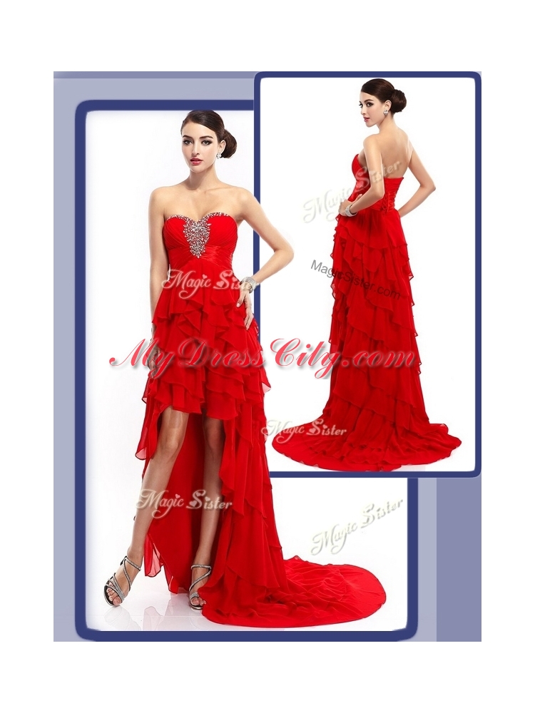 Cheap High Low Beading and Ruffled Layers Prom Dresses in Red