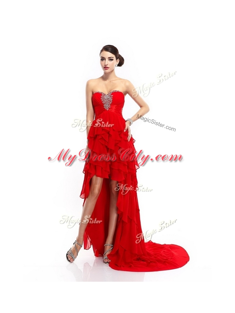 Cheap High Low Beading and Ruffled Layers Prom Dresses in Red