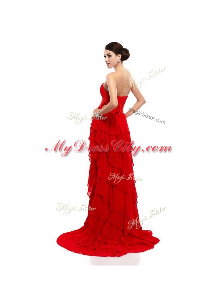 Cheap High Low Beading and Ruffled Layers Prom Dresses in Red