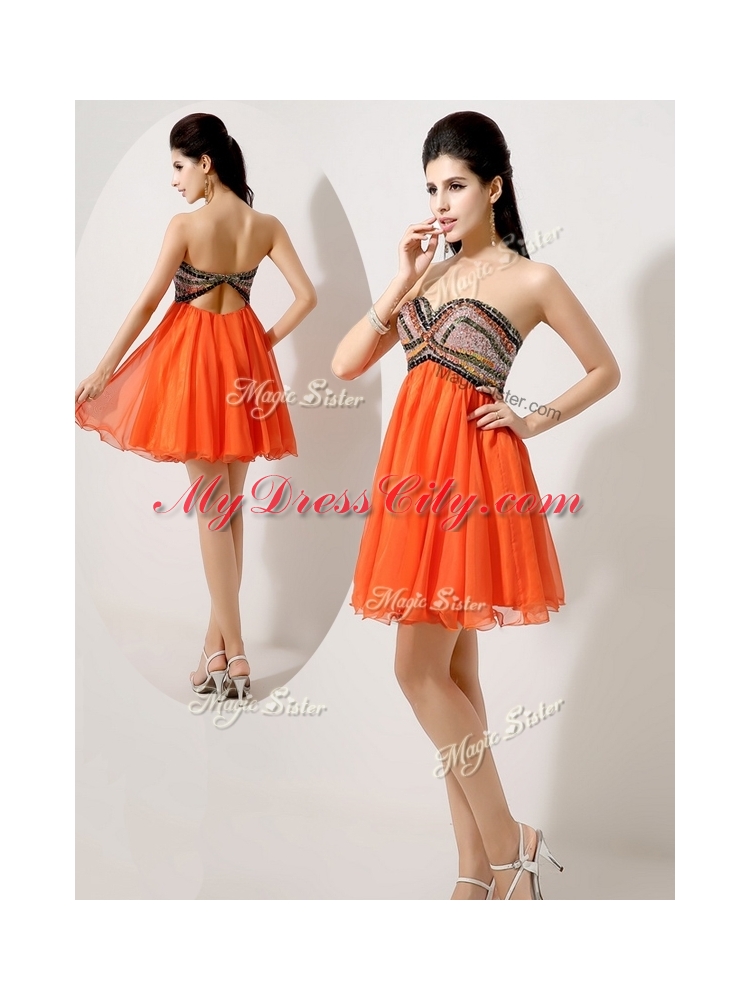 Low Price Short Orange Red Prom Dresses with Beading and Sequins for 2016