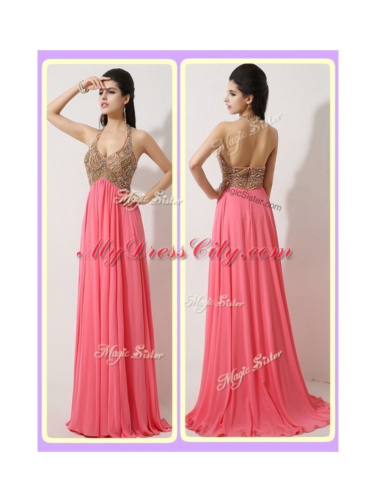 The Most Popular Halter Top Brush Train Watermelon Red Prom Dresses