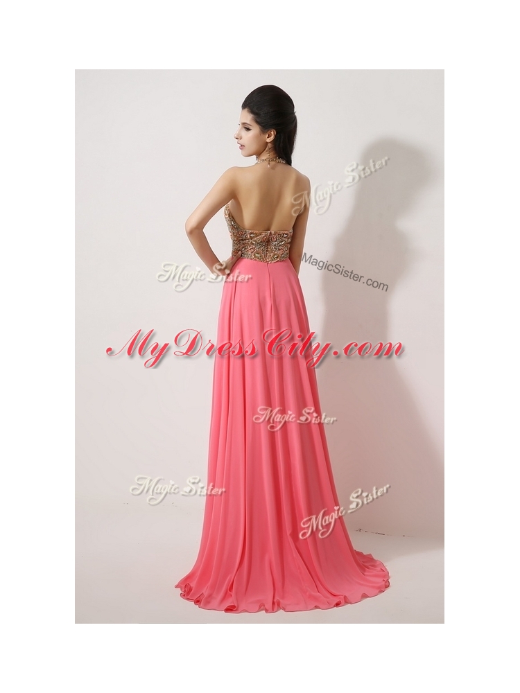 The Most Popular Halter Top Brush Train Watermelon Red Prom Dresses