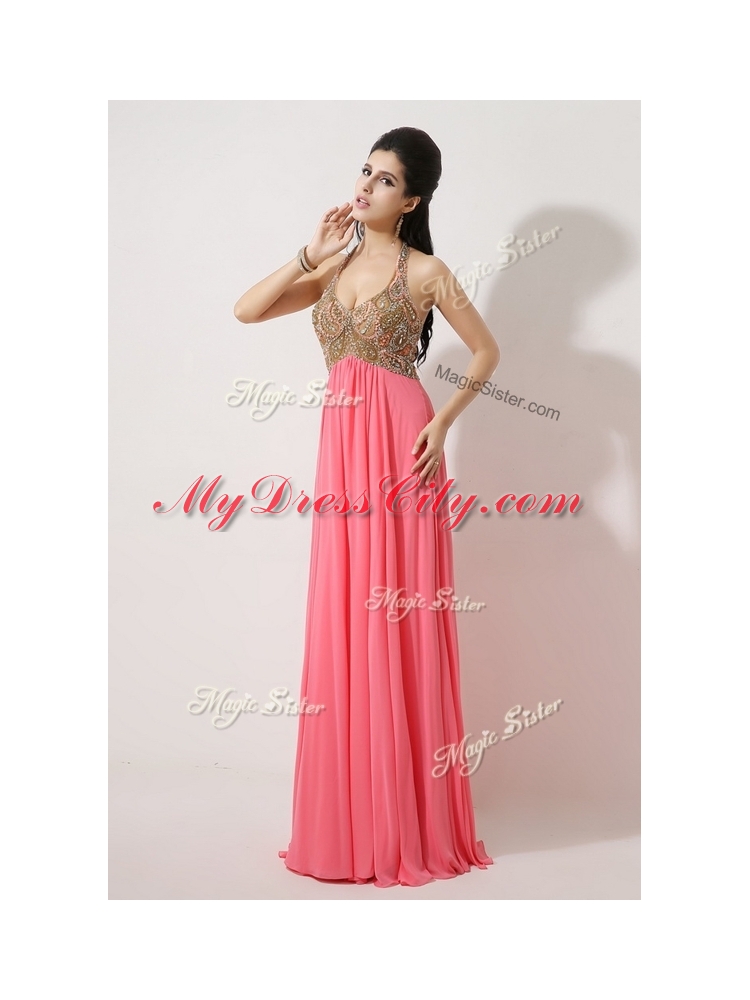 The Most Popular Halter Top Brush Train Watermelon Red Prom Dresses