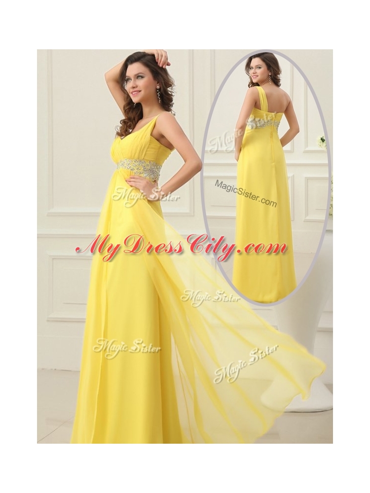 Beautiful  Empire One Shoulder Beading Prom Dress in Yellow